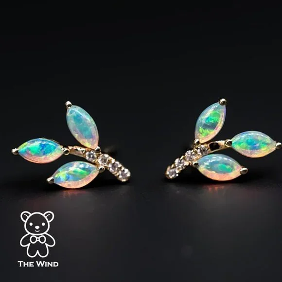 Olive Branch Leaf Design Australian Solid Opal Diamond Stud Earrings 14K Yellow - Picture 5 of 7